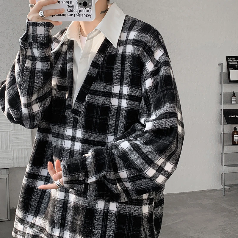 假两件格子卫衣男秋季小众高级感衬衫领外套美式高街宽松大码上衣