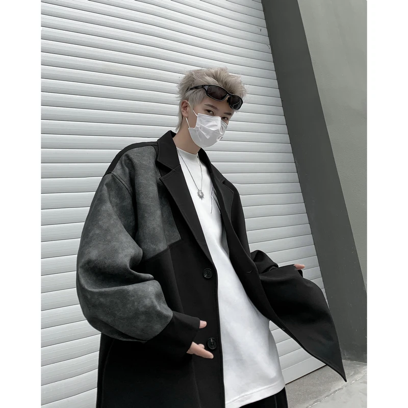 美式复古拼色西装外套男春秋款高级感痞帅欧美高街hiphop西服夹克