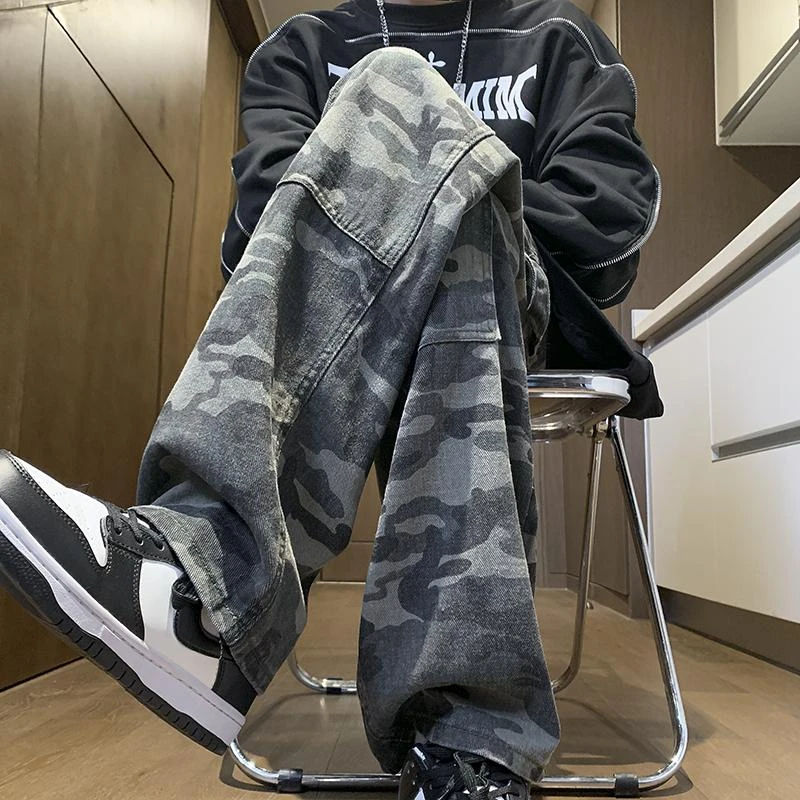 迷彩裤男秋季新款美式高街潮牌水洗直筒工装裤子宽松休闲阔腿长裤