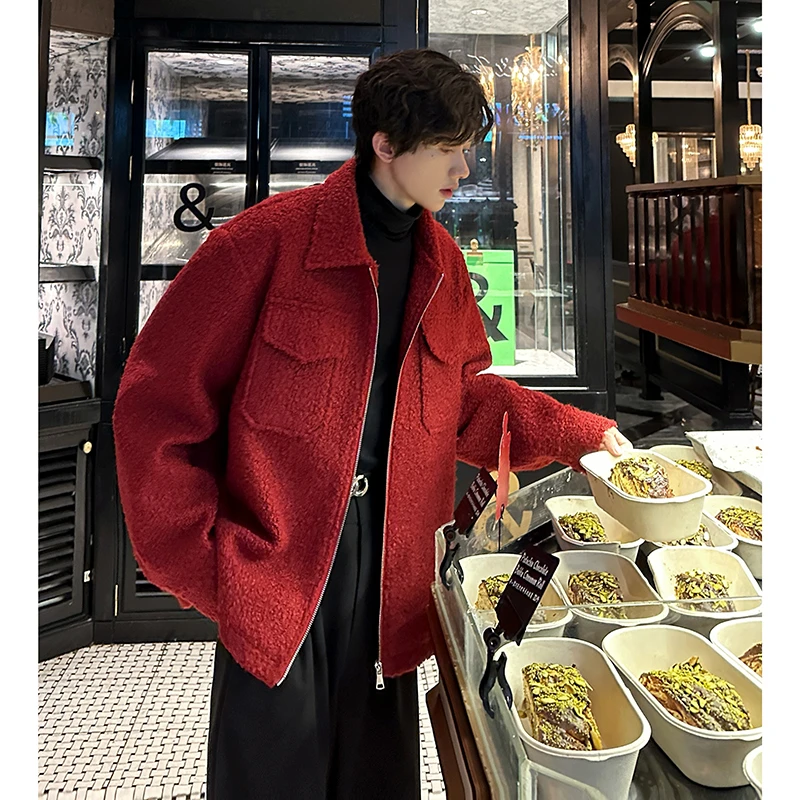 酒红色小香风毛呢外套男秋冬季高级感痞帅翻领夹克cleanfit棒球服
