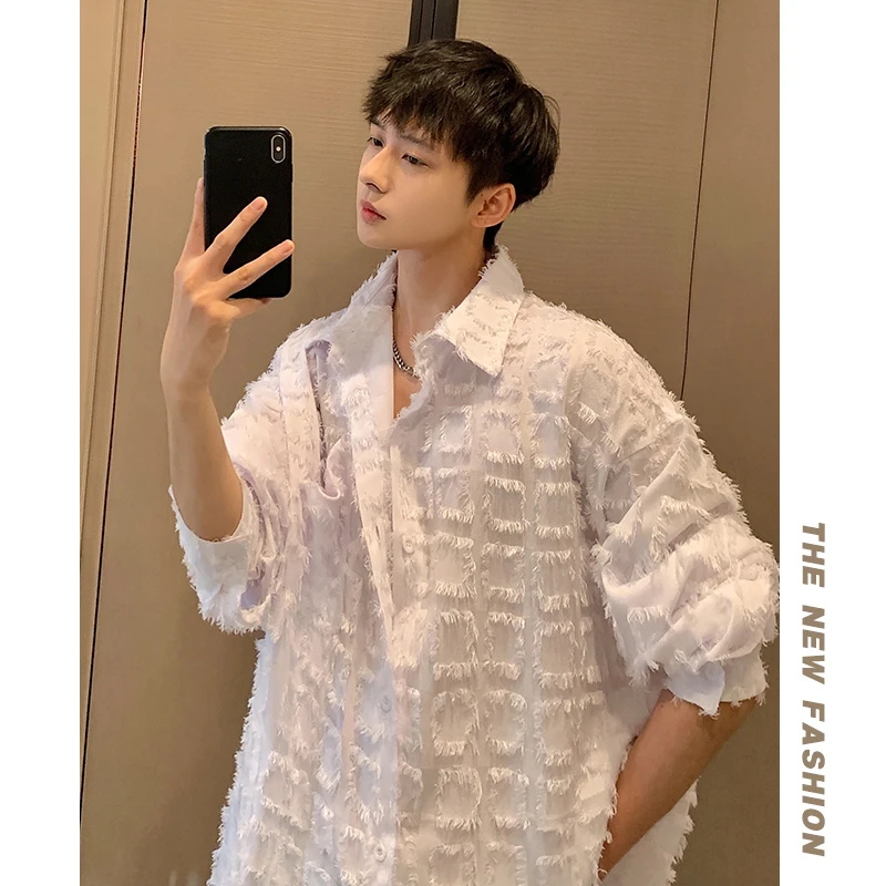 2024春秋慵懒风长袖格子男士衬衫高级感磨毛百搭衬衣ulzzang外套