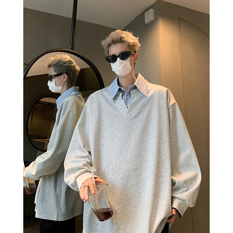 假两件衬衫领卫衣男士春秋新款小众高级感翻领T恤学院风大码外套