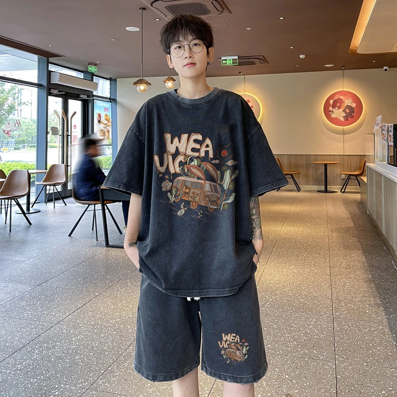 水洗做旧休闲运动套装男夏季重磅短袖t恤美式潮牌五分短裤两件套