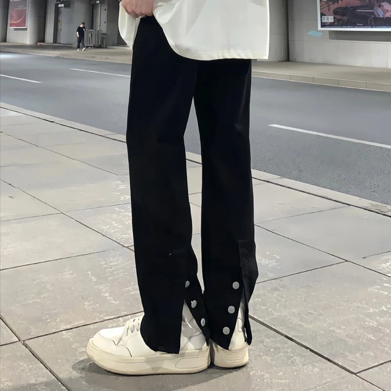 纯黑色vibe裤子美式高街男裤脚排扣开叉牛仔裤修身弹力直筒微喇裤