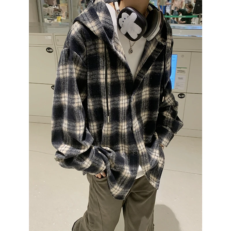 磨毛格子连帽上衣男春秋季青少年潮牌格纹长袖衬衫情侣款休闲外套