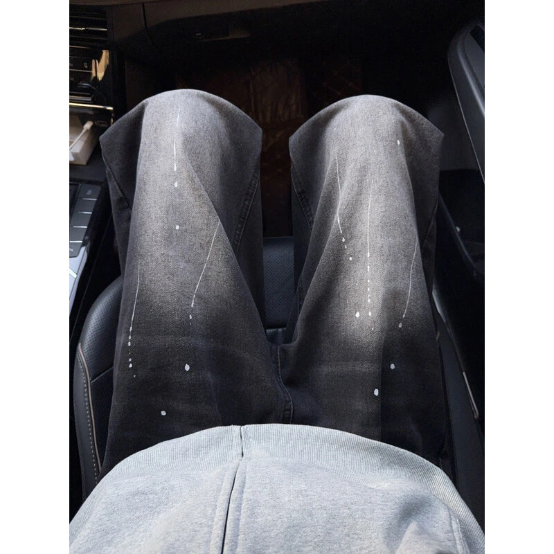 美式高街水洗暗黑喷墨牛仔裤男hiphop潮牌痞帅炸街裤子宽松直筒裤