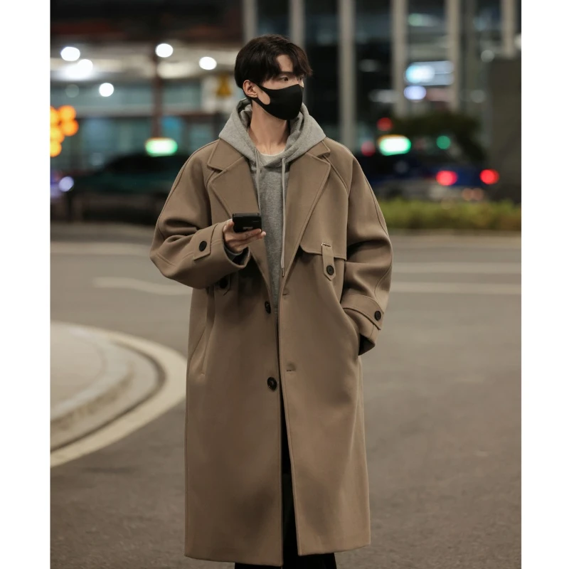 韩系毛呢大衣男士2024春秋季新款宽松简约休闲中长款情侣风衣外套