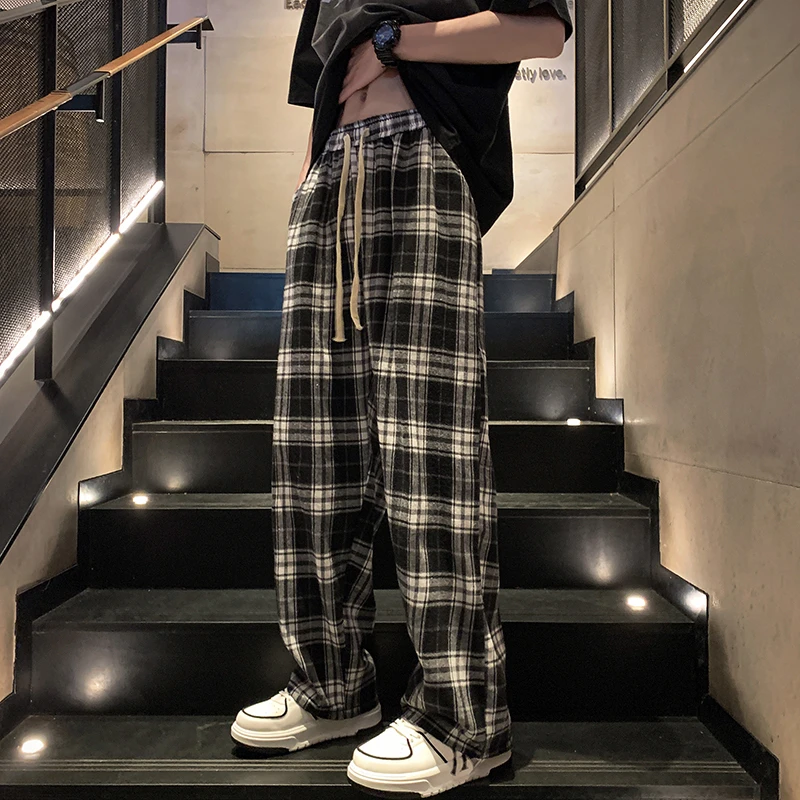 美式复古格子裤子男款夏季日系慵懒坠感春秋直筒阔腿黑白休闲长裤