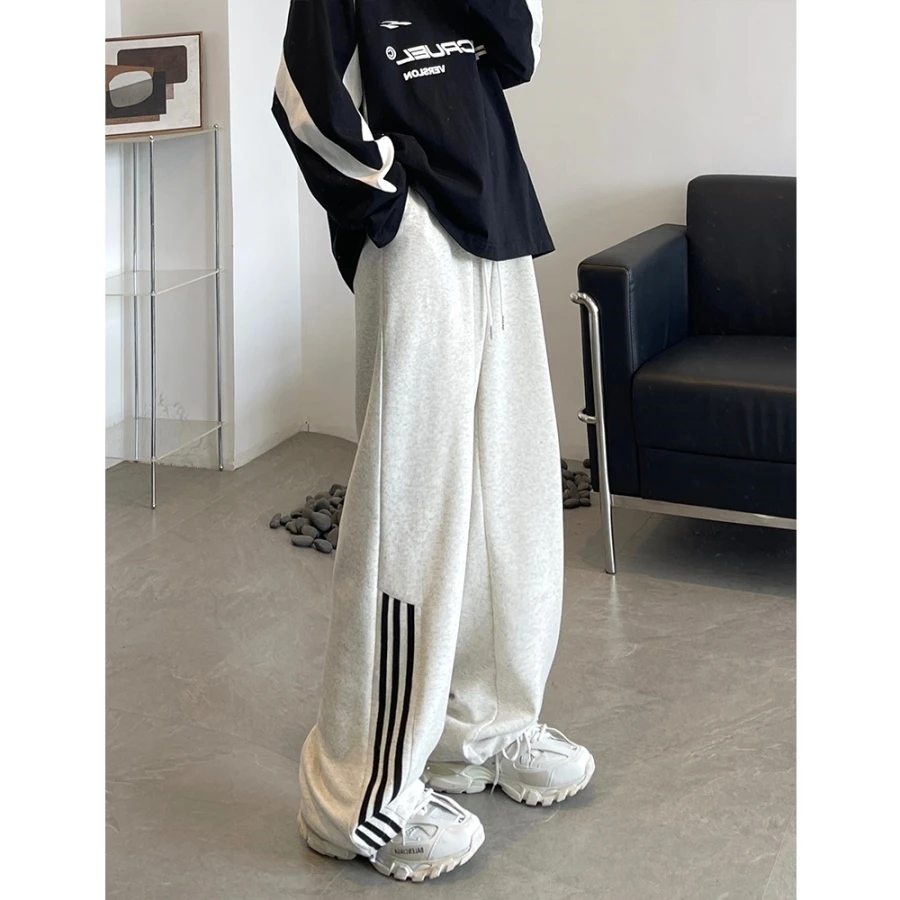 裤子男秋季痞帅潮牌三条杠休闲运动卫裤美式高街宽松直筒阔腿长裤