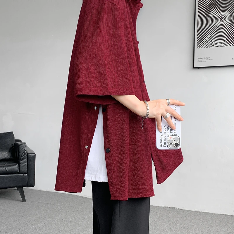 夏季短袖衬衫男垂感冰丝薄款五分半袖衬衣高级感痞帅下摆开叉外套