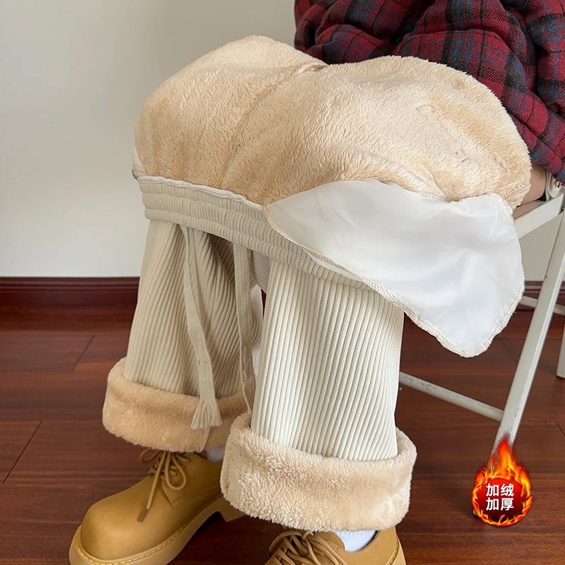 米白色超厚羊羔绒裤子男款秋冬加绒灯芯绒卫裤高级感直筒休闲棉裤