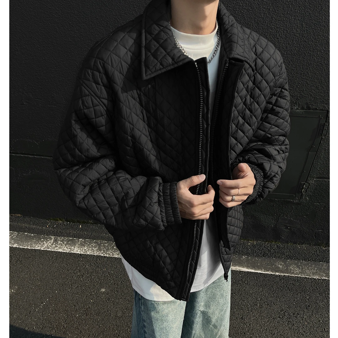 冬季翻领菱形格短款棉服男小众设计感夹棉外套美式高街小香风棉衣