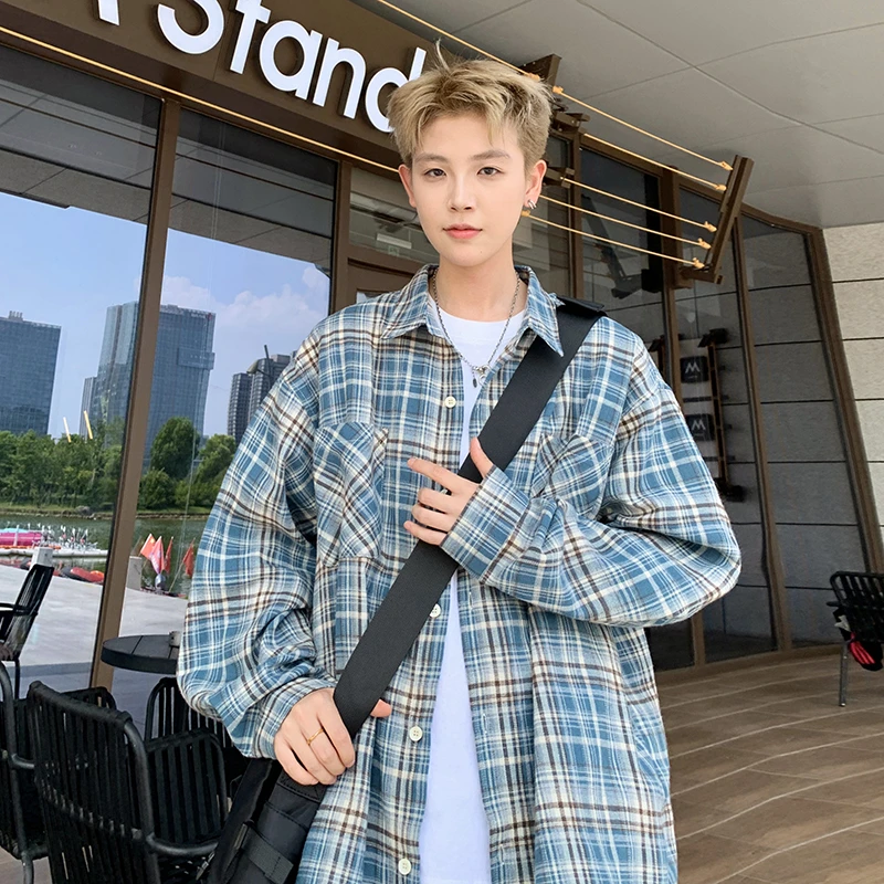 少年感格子衬衫男长袖春秋款美式复古高街潮牌青少年宽松衬衣外套