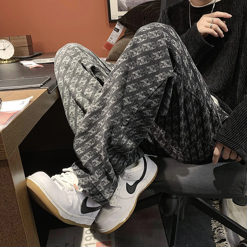 hiphop提花满印牛仔裤男春秋潮牌大码裤子美式高街直筒宽松阔腿裤
