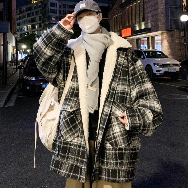 羊羔绒格子外套男秋冬加绒加厚痞帅宽松棉㤇潮牌潮流ins情侣棉服
