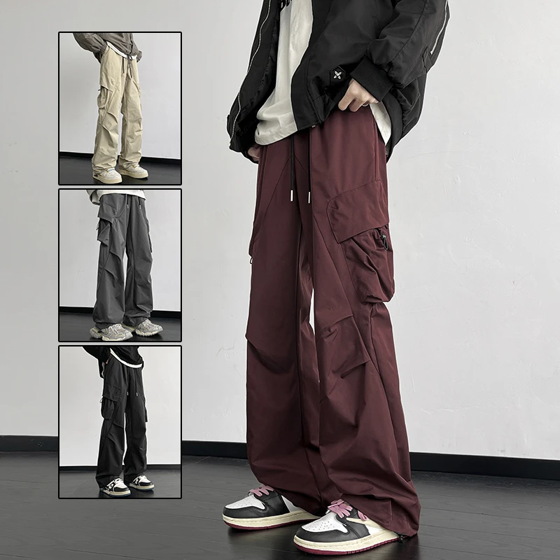 酒红色尼龙休闲裤男生春秋款hiphop垂感裤子美式复古潮牌运动长裤