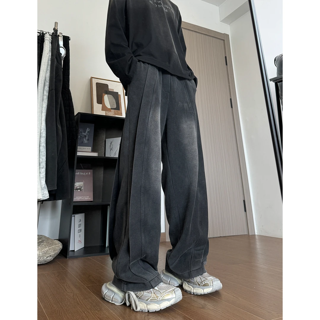 裤子男士2025春季新款水洗做旧弯刀卫裤痞帅拼接宽松休闲运动长裤