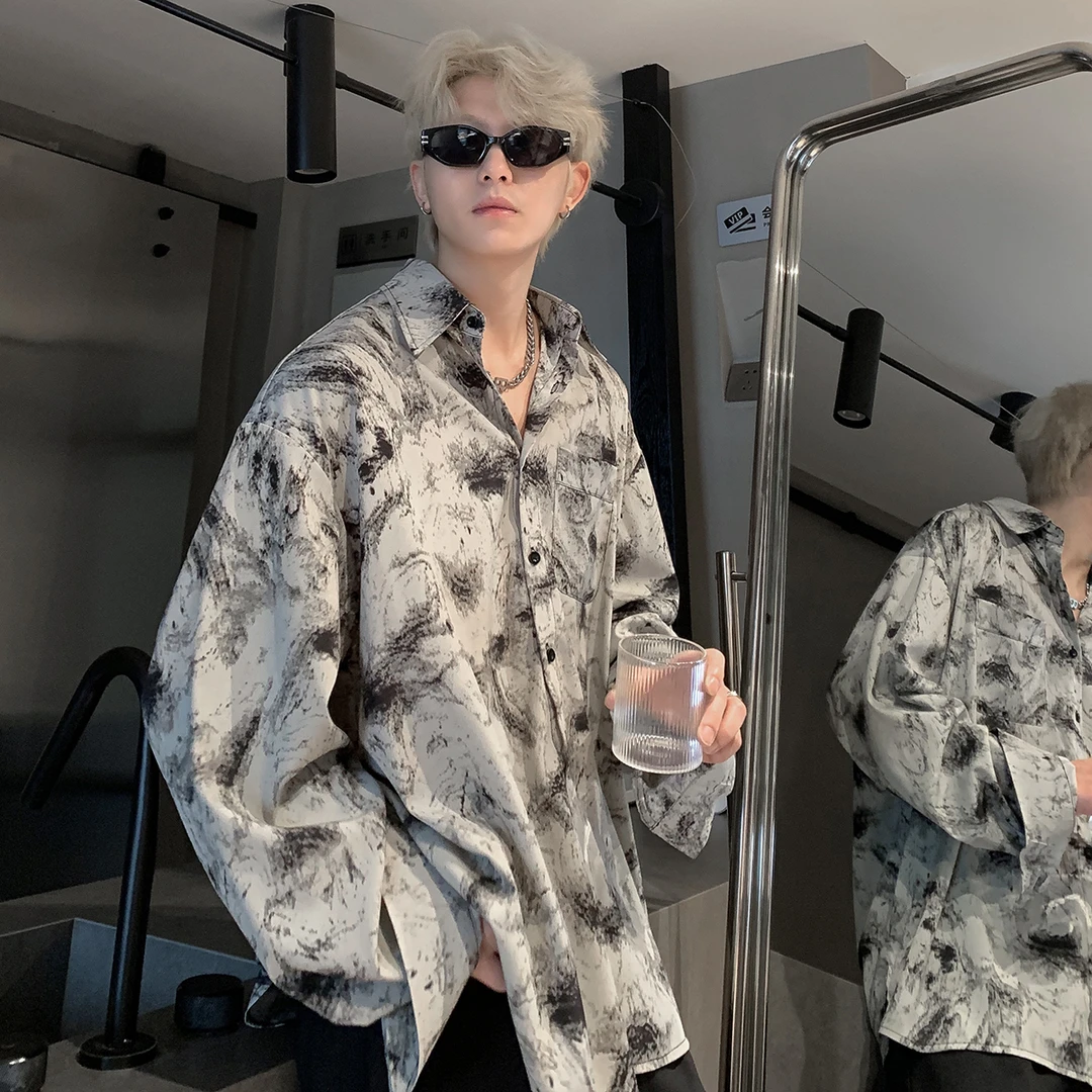 扎染复古长袖花衬衫男2024春季痞帅高级感冰丝衬衣小众设计感外套