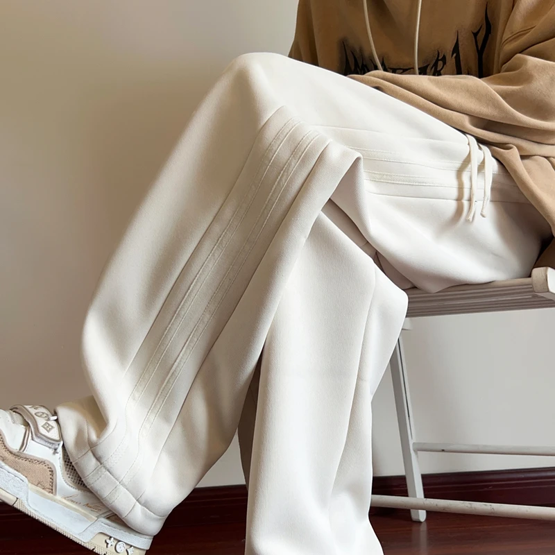 米白色条纹裤子男秋季高级感垂坠感直筒阔腿休闲长裤美式重磅卫裤