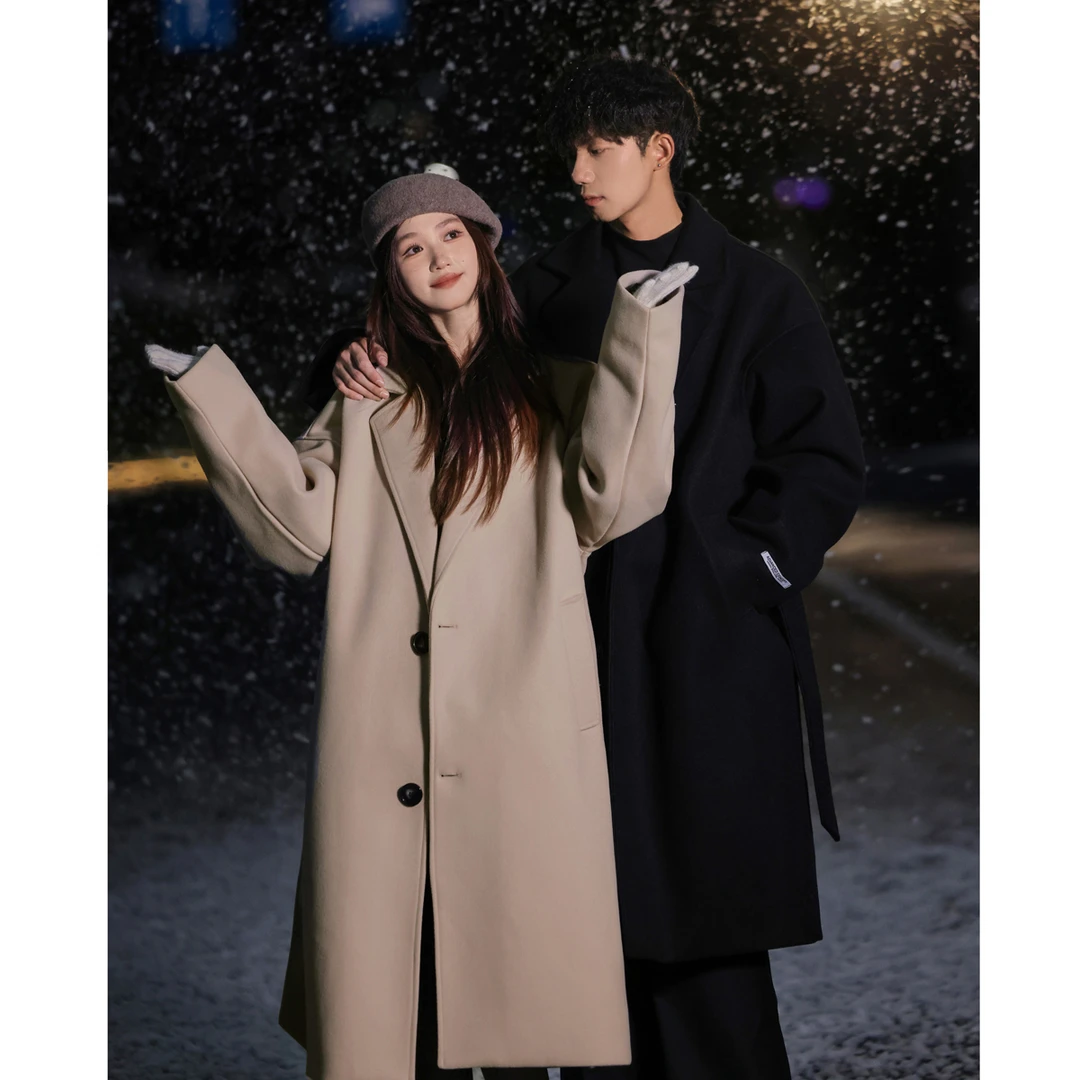 英伦风中长款情侣毛呢风衣外套男春秋高级感潮牌宽松呢子大衣夹克