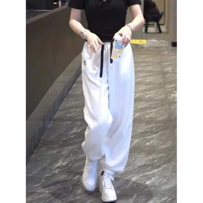白色休闲裤子女秋冬季新款松紧腰系带束脚裤运动裤高腰显瘦卫裤女
