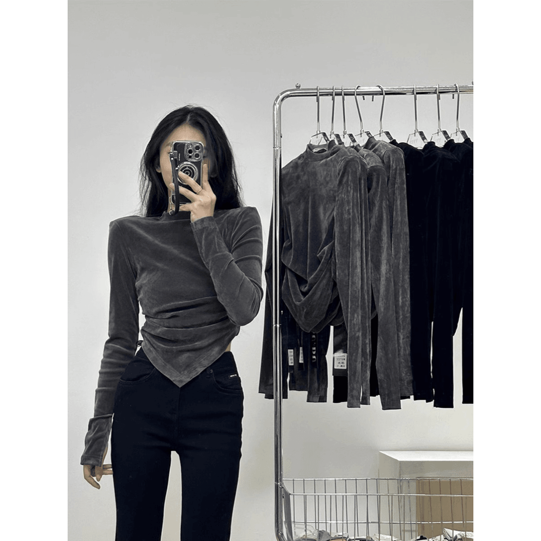 【KK】韩版长袖T恤女2023秋冬季打底气质半高领不规则修身上衣女