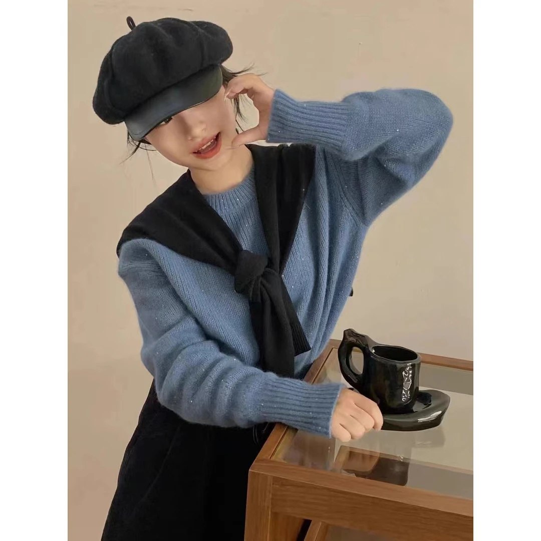 【雾霾蓝】韩版圆领满天星亮片软糯绵羊毛慵懒宽松毛衣女针织衫洋气