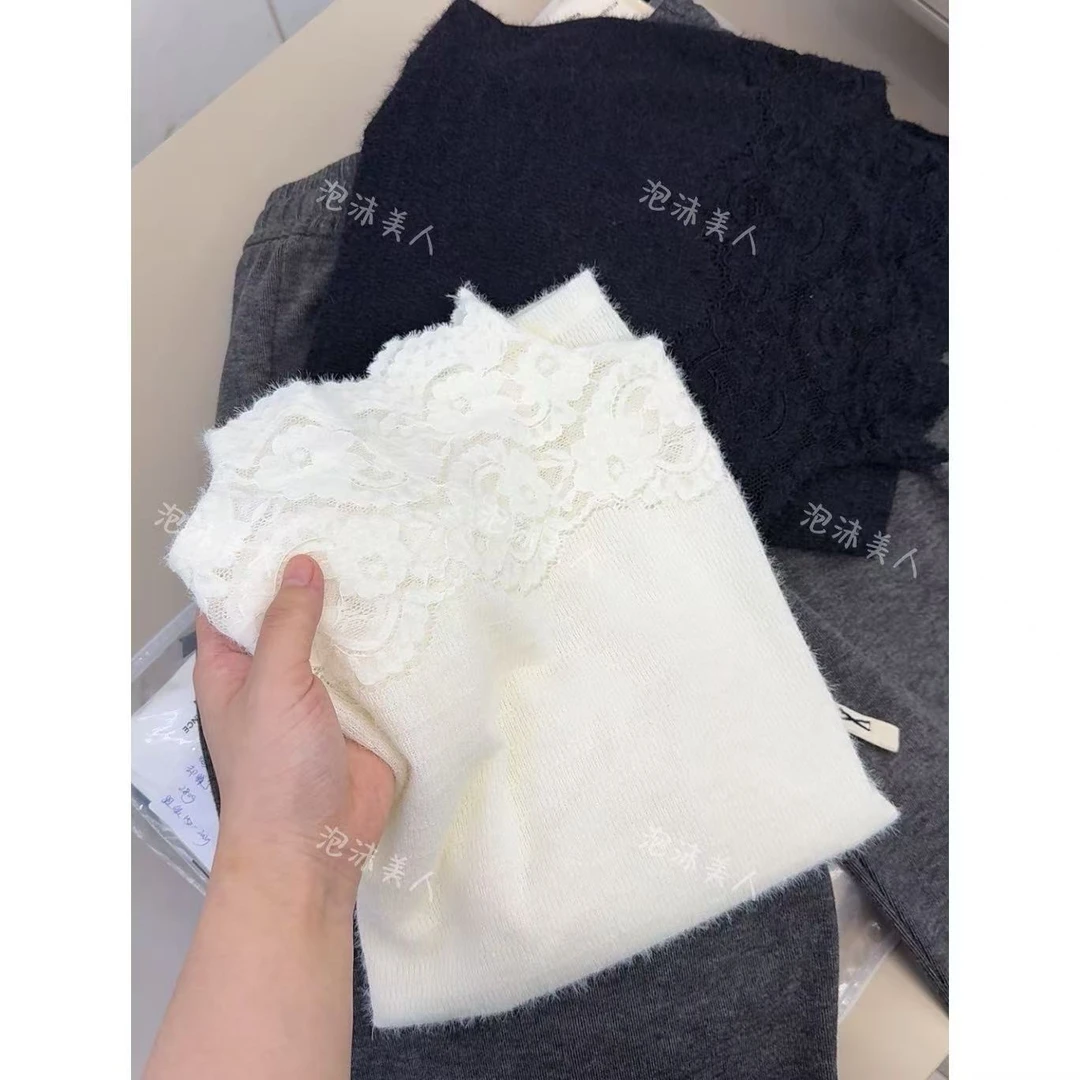 绒边蕾丝小中领」软糯随性气质！好品质内搭纯色显瘦针织长袖打底