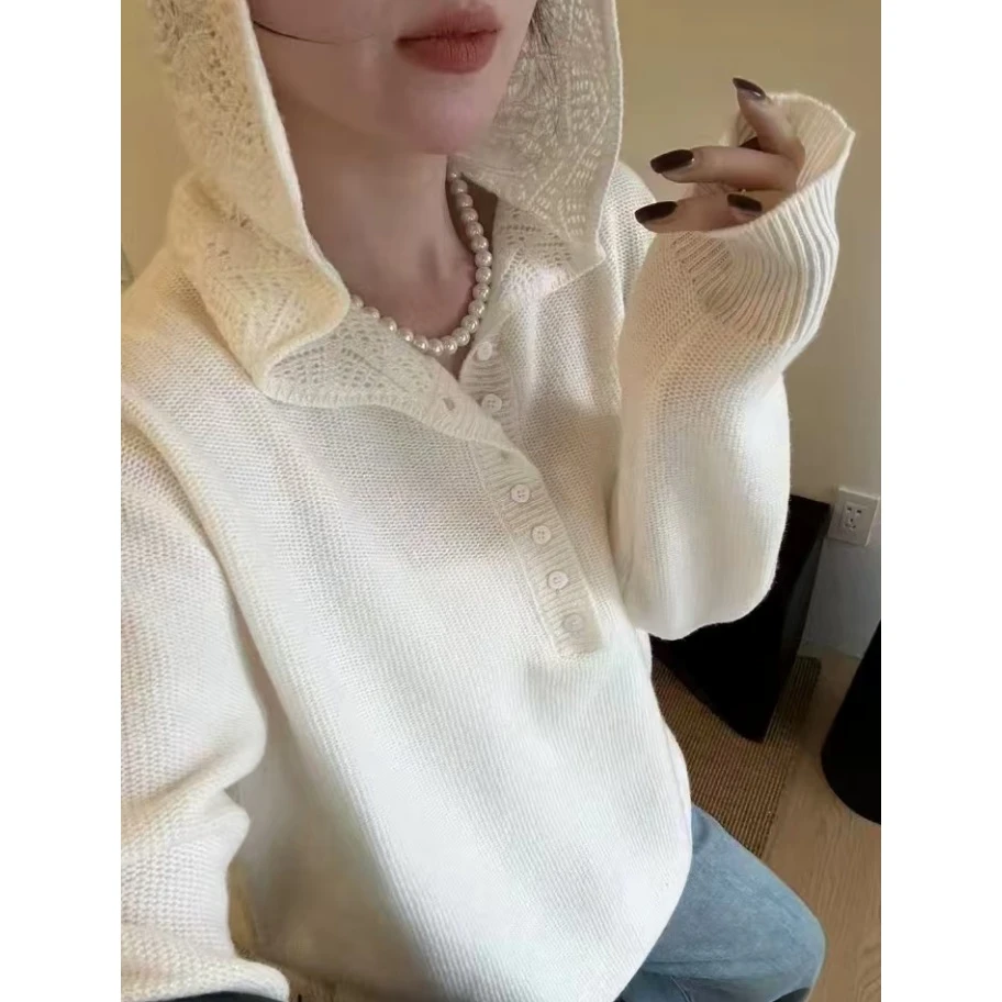 钩花帽衫」休闲精致！半开扣纯色韩版宽松连帽针织毛衣女秋冬潮