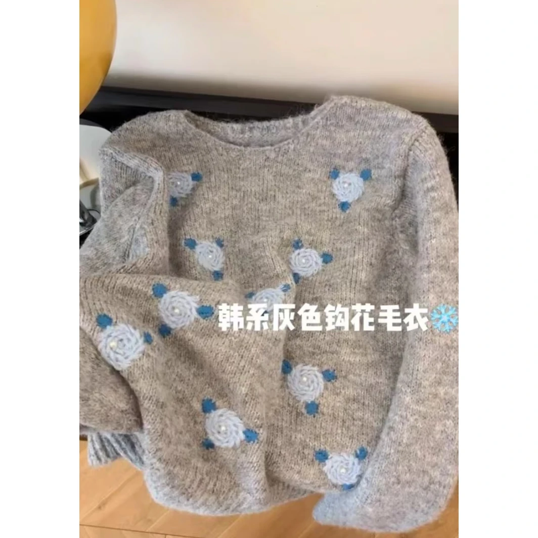 韩系钩花毛衣」秋冬新款重工刺绣套头毛衣软糯设计感小众宽松上衣