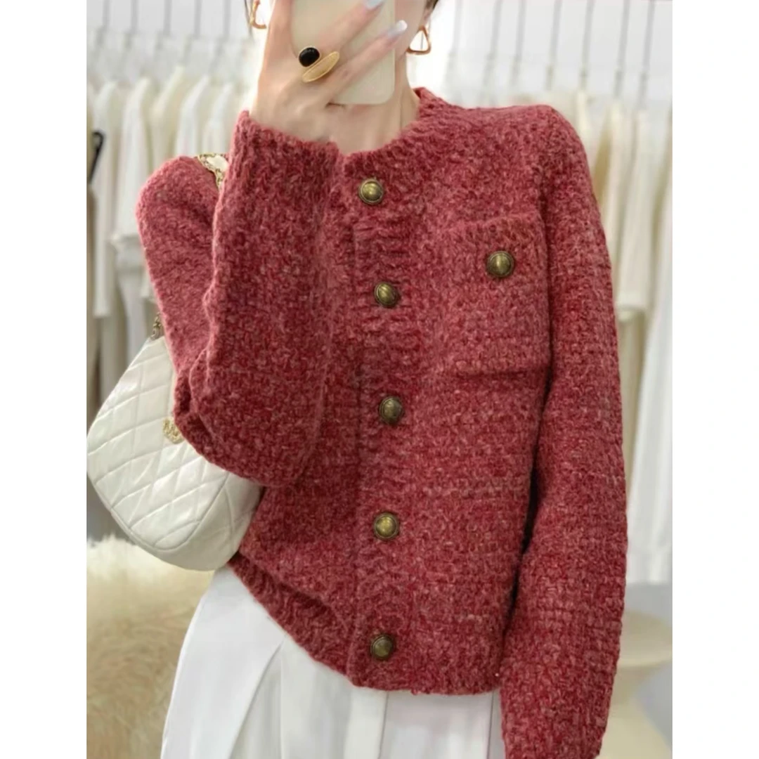 丝绒红金扣」口袋粗针小香风加厚冬季外套女宽松针织毛衣显白洋气