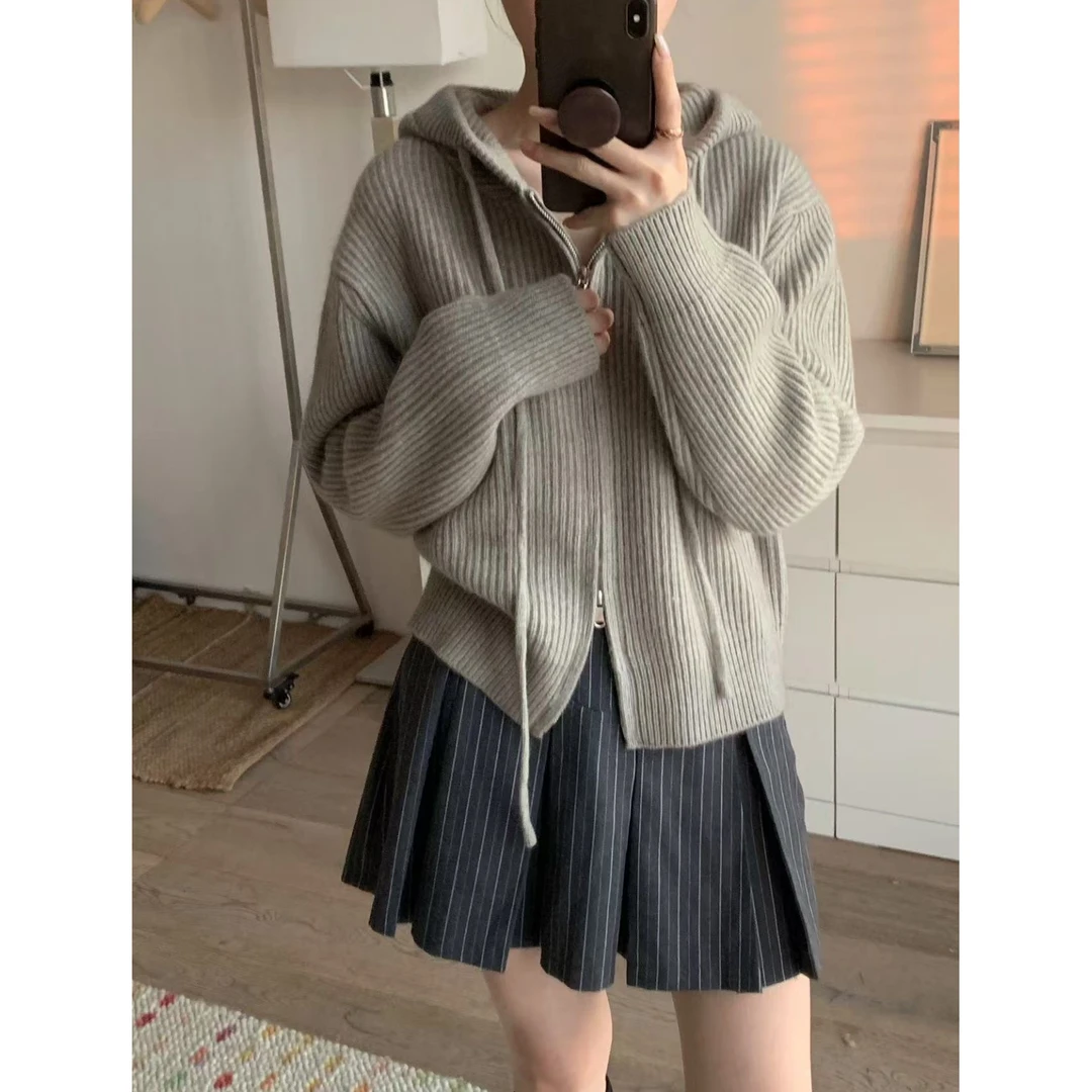 珍珠灰竖坑条帽衫」加厚小个子！纯色连帽宽松显瘦秋冬氛围感毛衣女