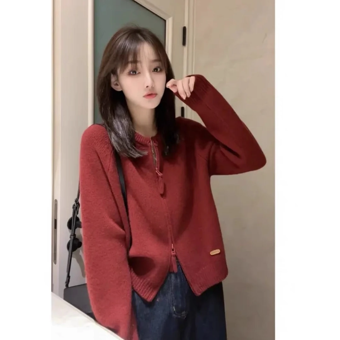 安可拉红双拉链」450克重！加厚冬季外套宽松针织毛衣女显白洋气