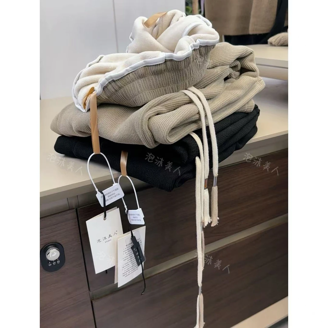 雪尼尔裤」随意腰身！加厚宽松系带直筒阔腿休闲长裤秋冬女