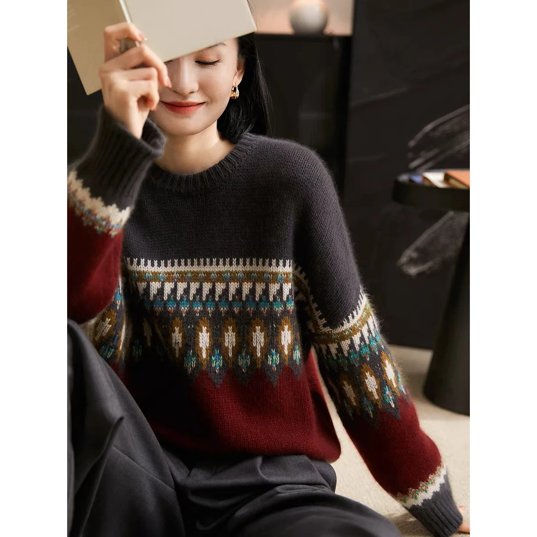 新款百搭减龄民族风提花圆领 软糯绵羊毛慵懒风毛衣女针织衫洋气
