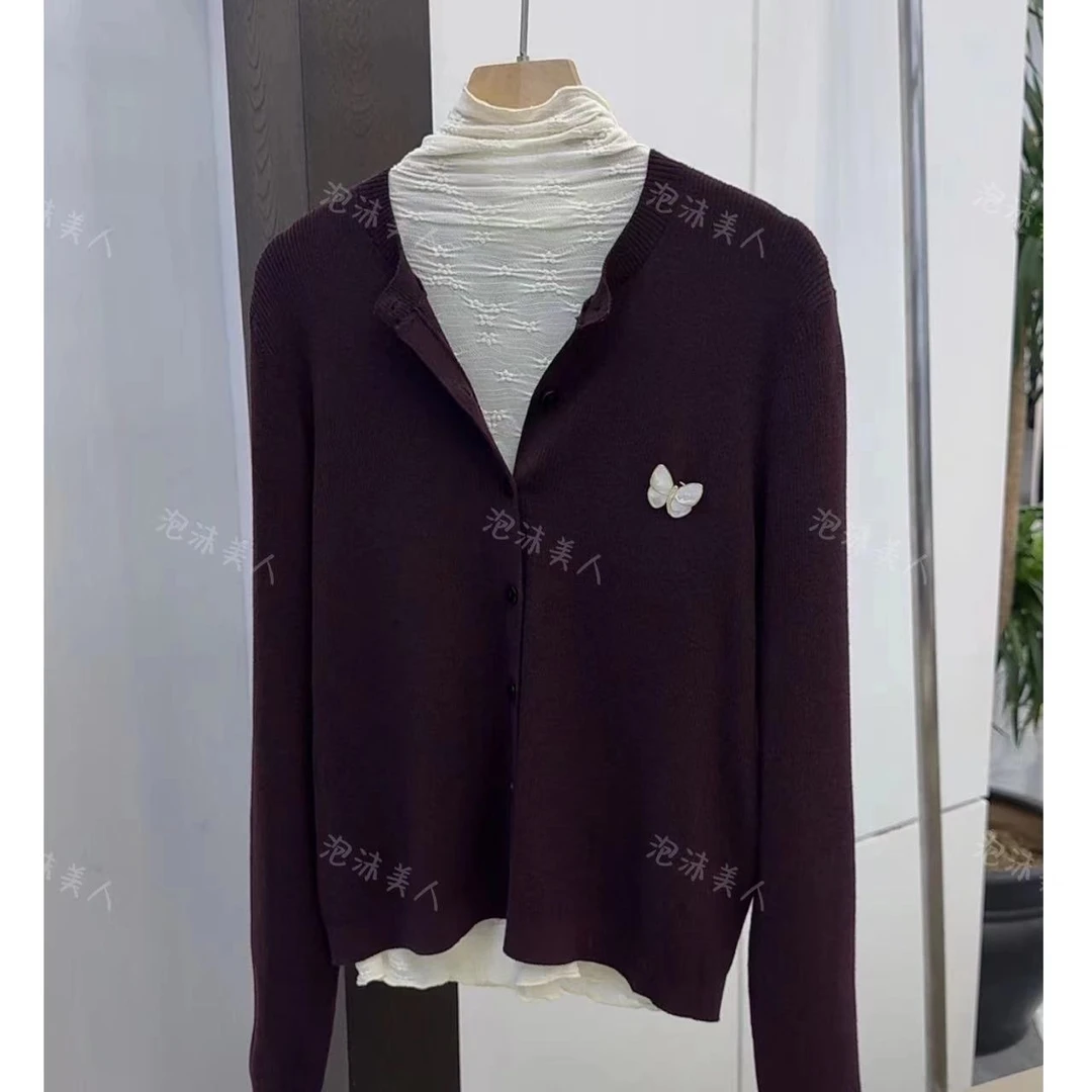 紫红蝴蝶」气质百搭！别致洋气圆领显瘦针织开衫女上衣