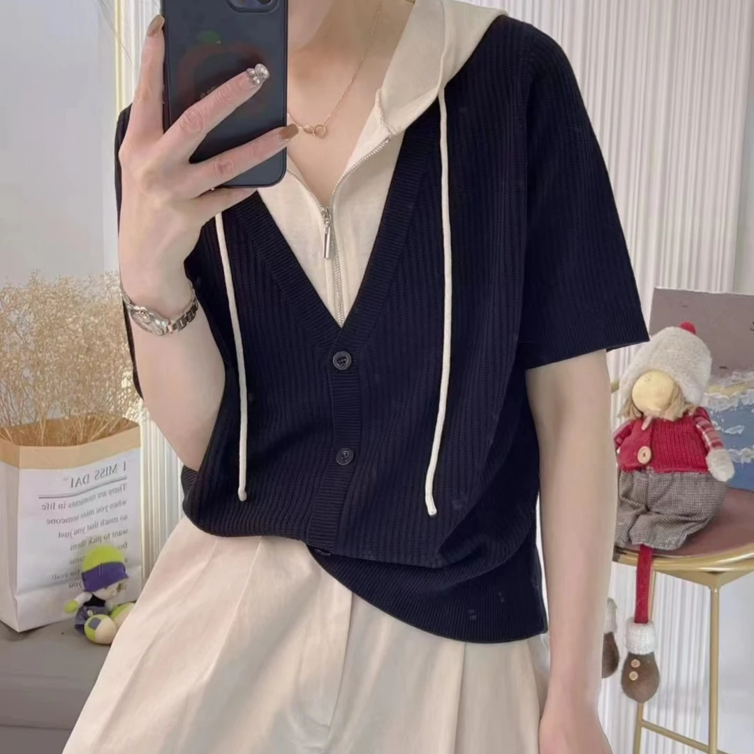 竹节连帽撞色假两件 夏季薄款宽松设计短袖上衣女针织衫显瘦百搭