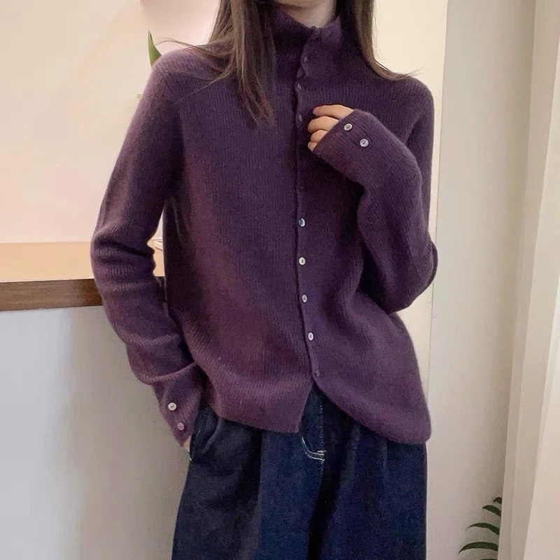 【果酱紫单排扣开衫】欧货设计感不规则下摆针织开衫女毛衣外套洋气