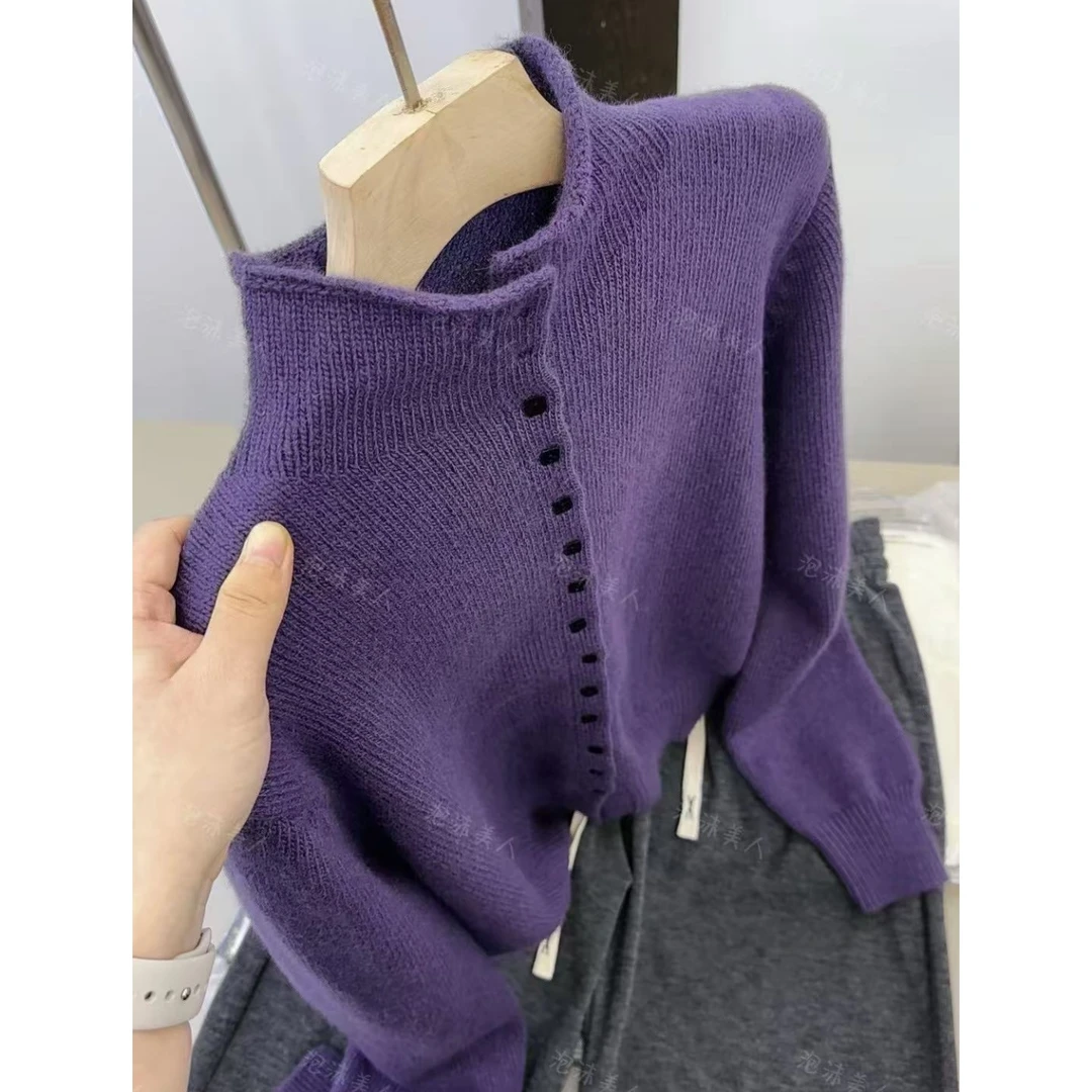 茄紫方糖扣」巨百搭洋气！时尚立领韩版单排扣针织毛衣女秋冬氛围感