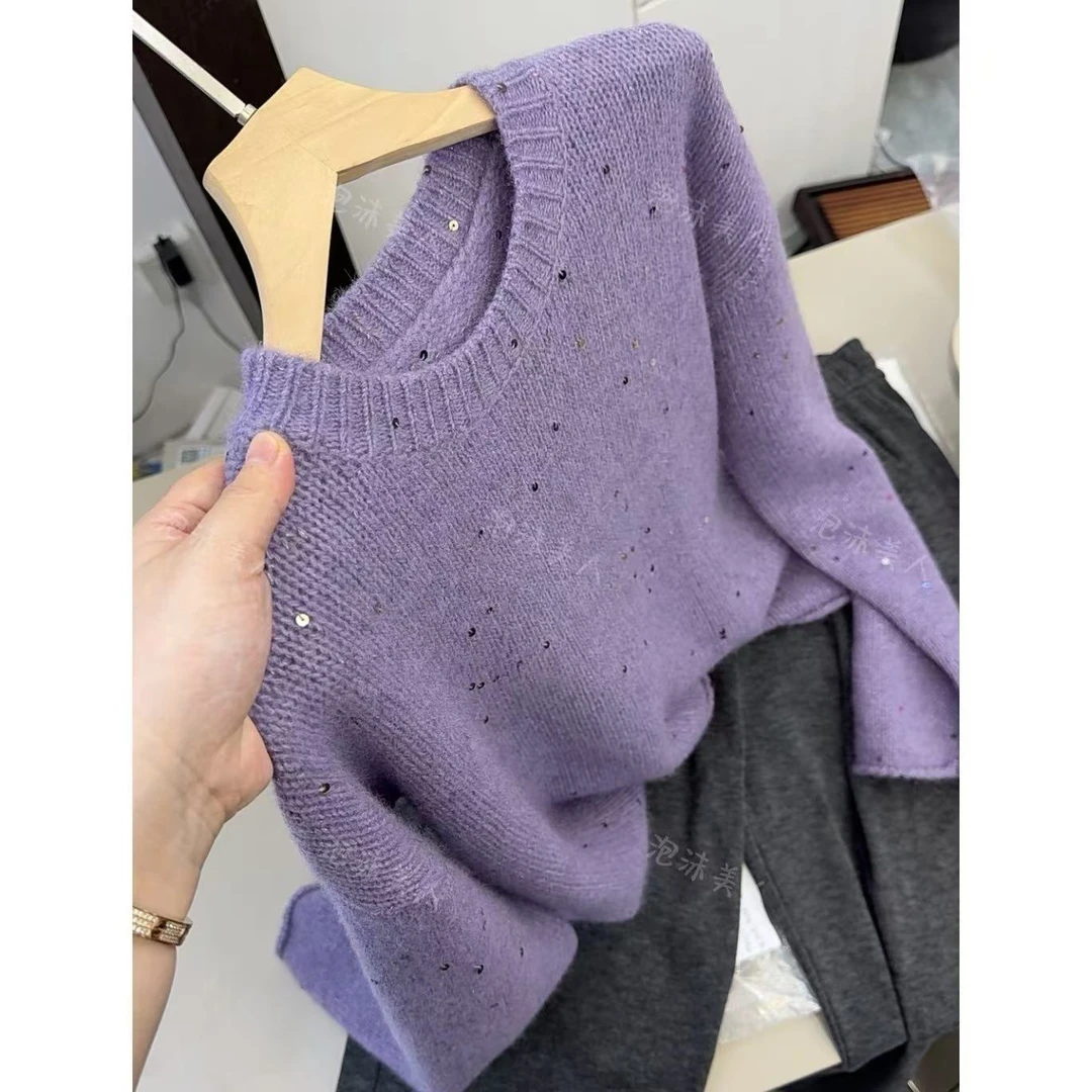 仙紫满天星」小个子亮丝+亮片！加厚时尚卷边宽松针织毛衣女秋冬