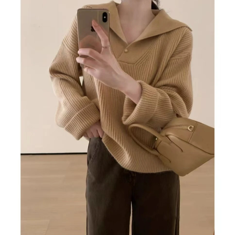 【驼色大翻领】气质简约百搭软糯绵羊毛慵懒风宽松毛衣女针织衫洋气