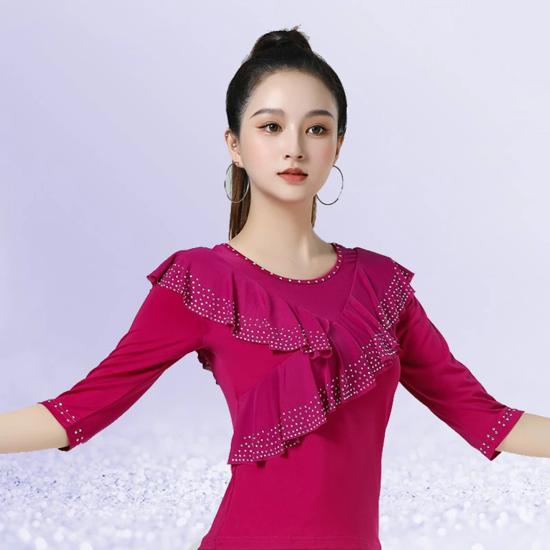 广场舞摩登舞上衣女荷叶中袖飘逸演出服拉丁舞服
