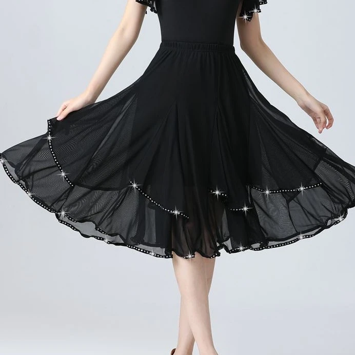 新款广场舞跳舞裙黑色百褶半身裙大摆裙拉丁舞摩登舞交谊舞裙