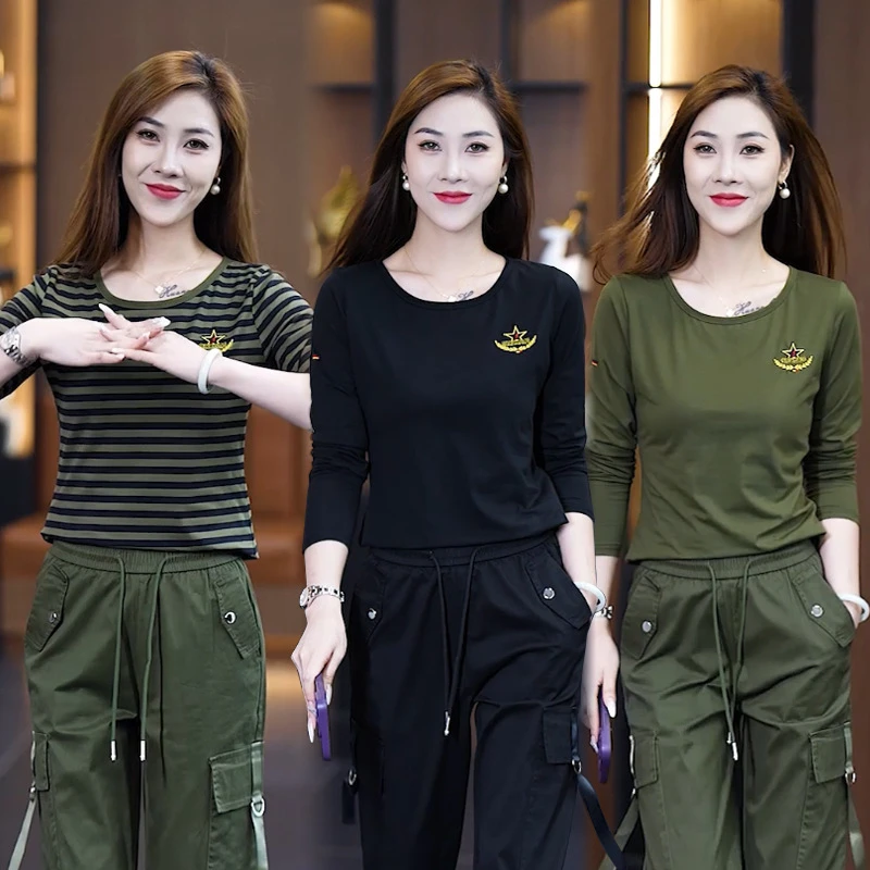 早秋迷彩长袖T恤女大码显瘦打底衫水兵舞军绿色体恤