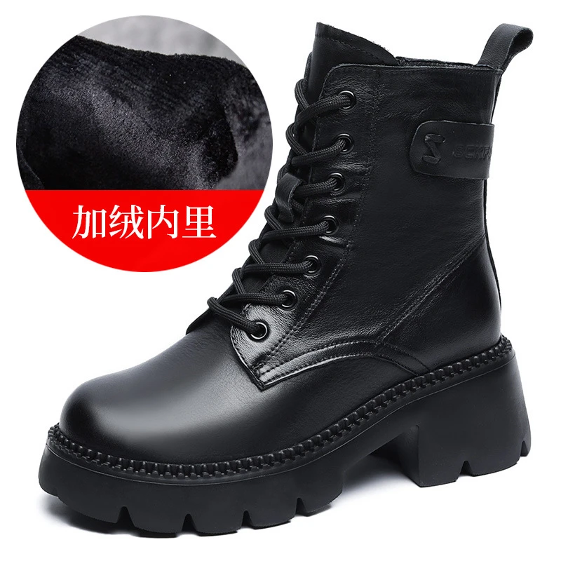 英伦风真皮马丁靴秋冬中筒靴子女加绒冬季短靴复古厚底增高加厚