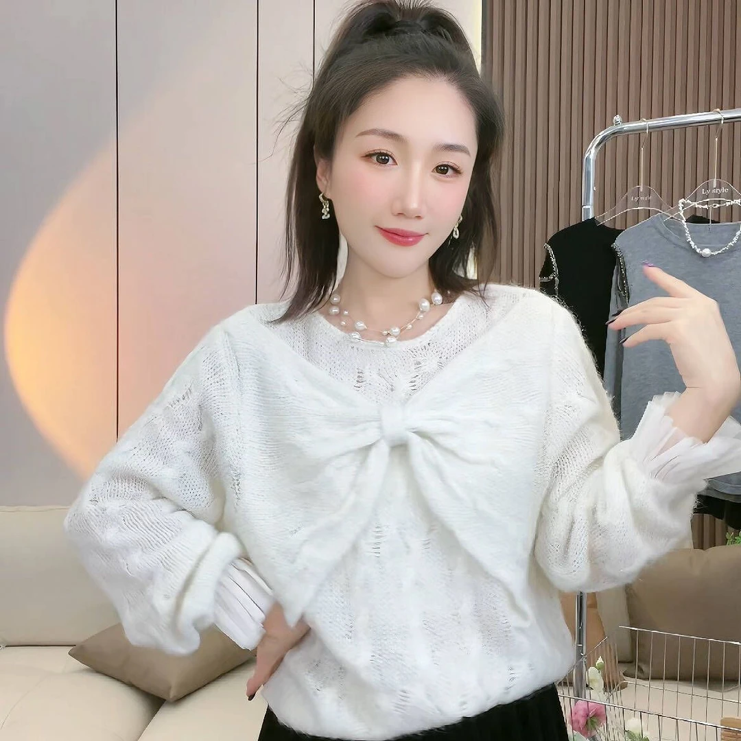慵懒风蝴蝶结毛衣女新款洋气时尚针织衫上衣宽松百搭#0011气质