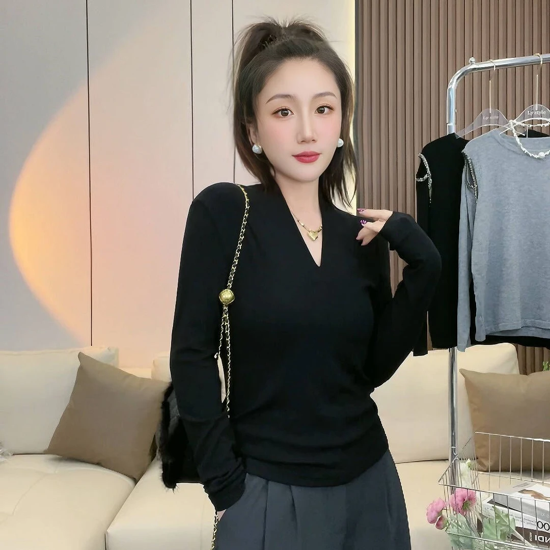 黑色显瘦修身百搭V领长袖T恤女秋冬新款内搭打底衫上衣#0015-2