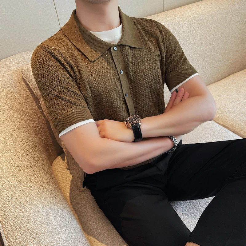 男士新款夏季镂空假两件半袖薄款polo衫翻领休闲时尚帅气纯色T恤