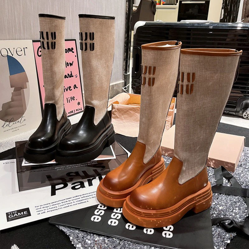 厚底字母长靴女2024年秋季新款西部牛仔度假风增高显瘦高筒骑士靴