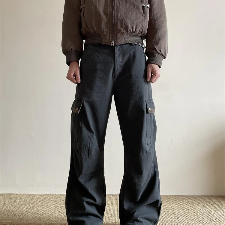 TUIMAO 做旧美式百搭复古工装裤男女宽松直筒裤卡其色休闲长裤子